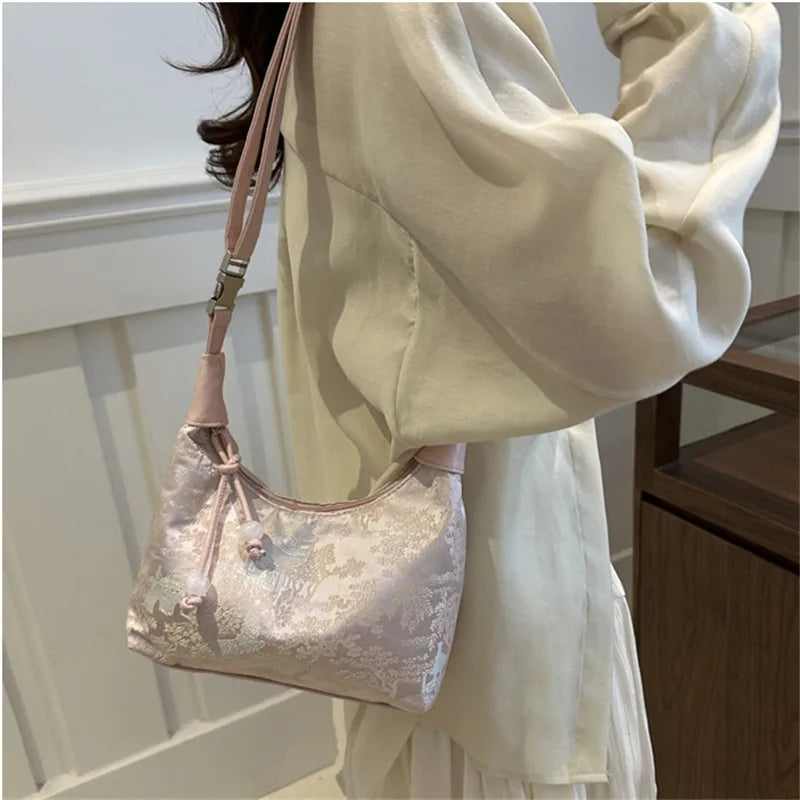 Fashionable Chinese Handbags Fashion Trend Single Shoulder Bag Light Simple Crossbody Bag Random Printed Satin Women's Tote Bag