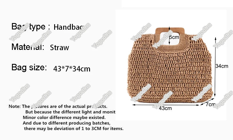 Summer Woven Straw Handbag Female Wooden Handle Bag Large Capacity Travel Beach Bag Fashion Style Totes Hollow out Tote Bolsa