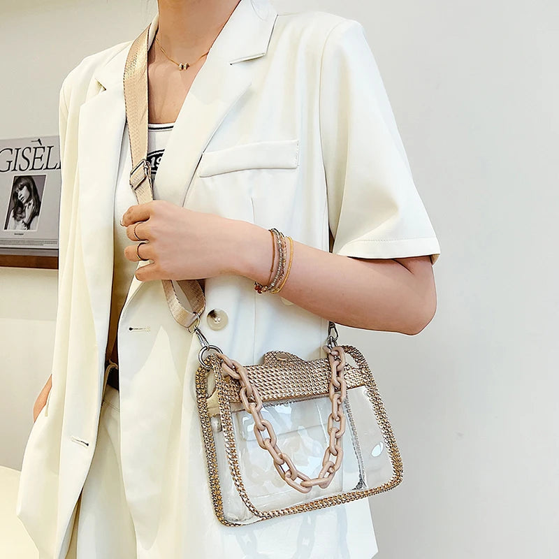 PVC Transparent Shoulder Crossbody Bag Rhinestone Thick Chain Ladies Small Purse and Handbags Fashion Jelly Summer Beach Totes