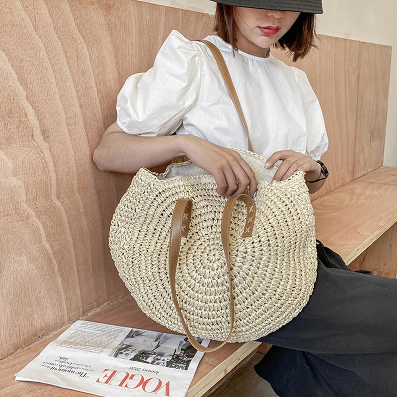 Summer Round Straw Bags for Women Rattan Shoulder Bag Travel Handmade Woven Beach Handbags Female Large Capacity Totes Bag