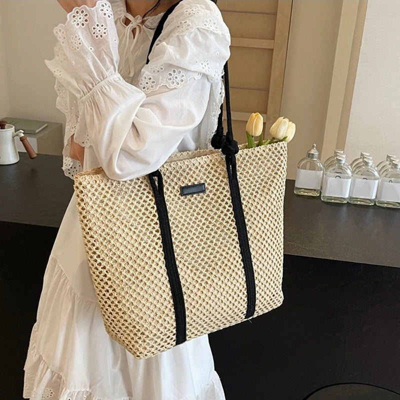 Summer Woven Straw Tote Bag Casual Beach Vacation Women Shoulder Bags Large Capacity Female Handbags Solid Color