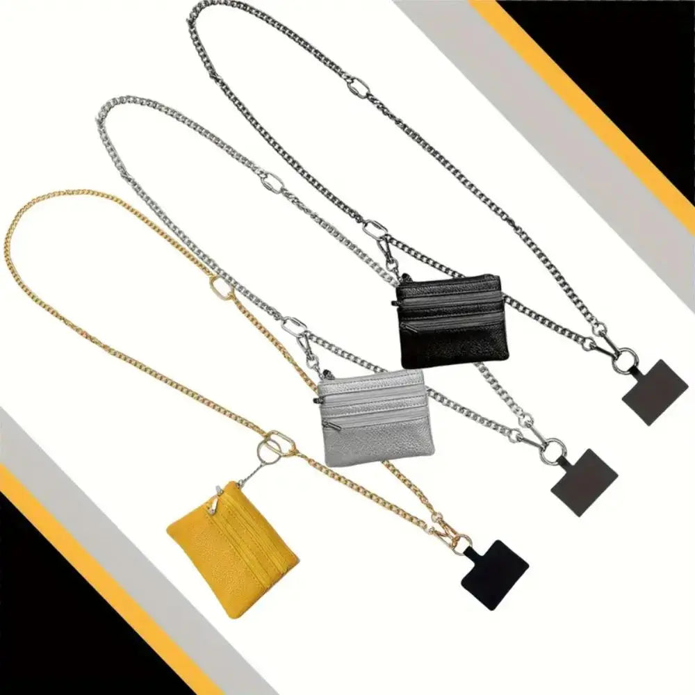 Metal Crossbody Phone Strap With Zippered Pocket Anti-Drop Phone Case Wallet Card Slot Shoulder Phone Lanyards Fashion Bag Chain