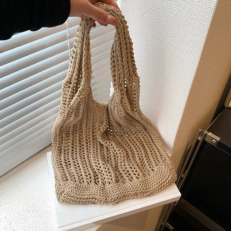 Summer Knitted Hollow Underarm Bag Women's Large Capacity Shopper Tote Bag Simple Design Casual Travel Handbags