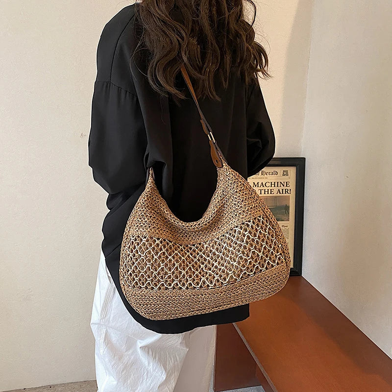 Women Hollow Shoulder Bag Large Capacity Straw Weaving Travel Handbag Adjustable Strap Shopper Tote Bag