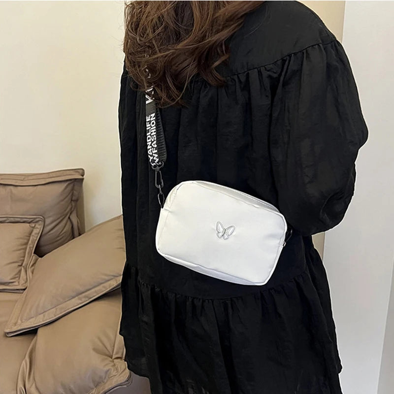 Black&white Shoulder Bag Durable Butterly Nylon Crossbody Bag Wide Belt Crossbody Bag Casual Small Sqaure Bag For Women