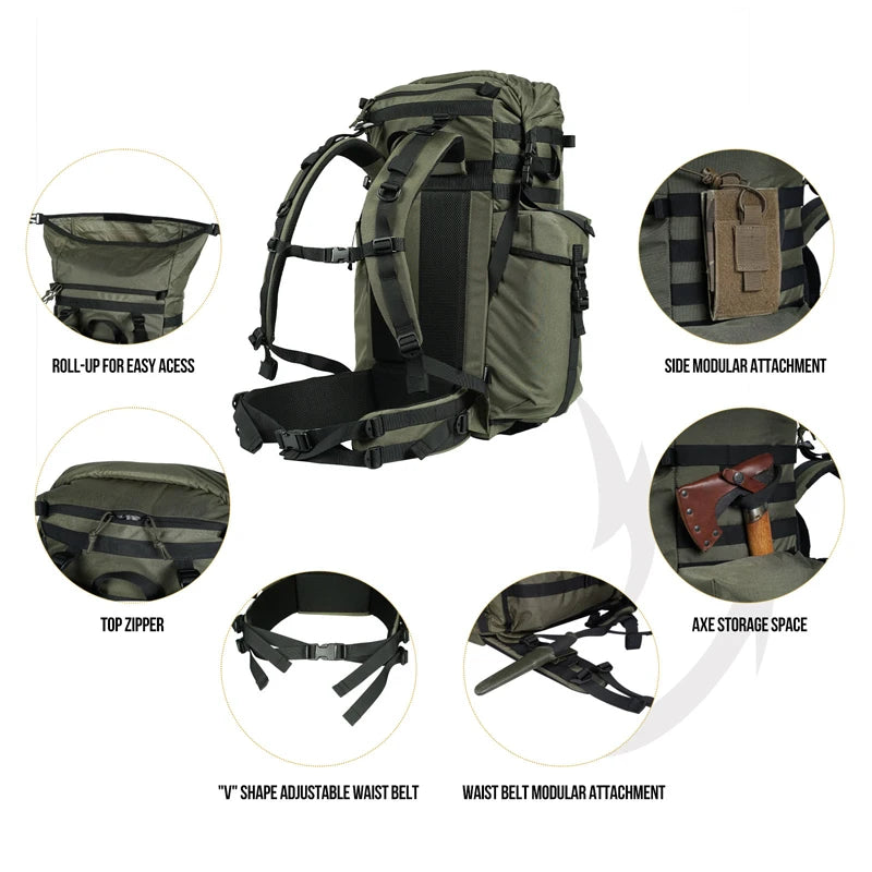 OneTigris WILD ROCKET Bushcraft Pack 45L Rucksack Outdoor Travel Roll Top Backpack With Water Resistant Coating & Axe Holders