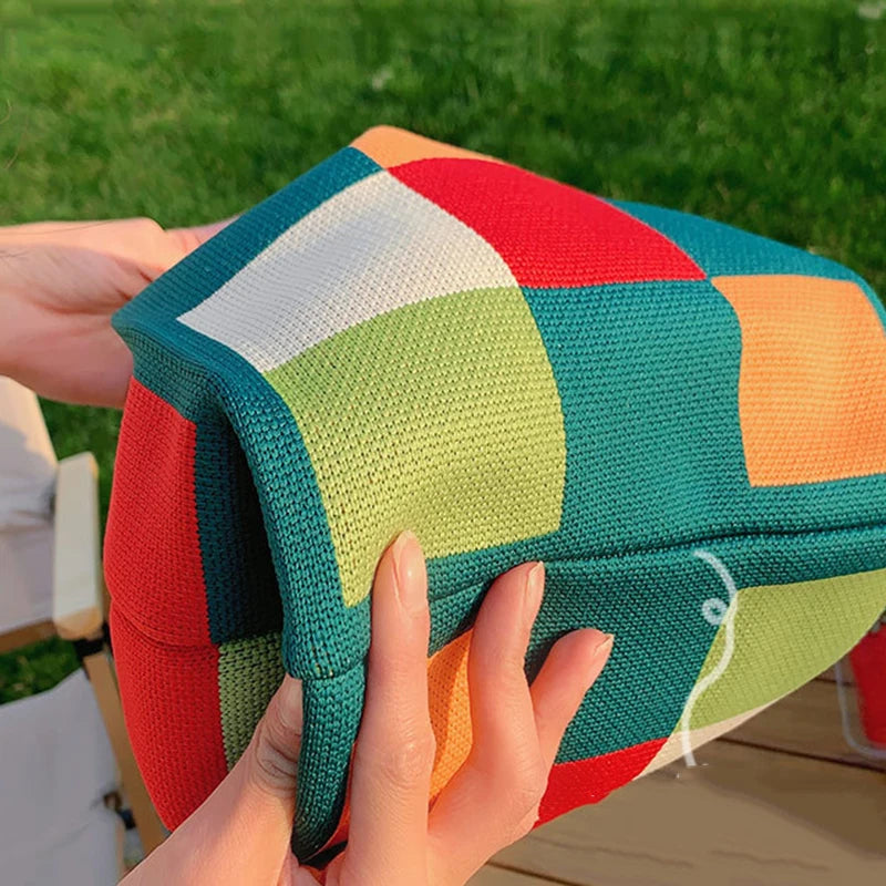 Luxury Design Stripe Knitted Small Handbag and Purse Fashion Korean Trendy Travel Shoulder Bag Wrist Bag Summer Shopper Tote