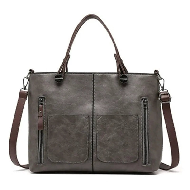 Retro Leather Handbag Shoulder Bag for Women with Double Pocket, Large Capacity, Vintage Lady's Tote Bag, Simple Crossbody Bags