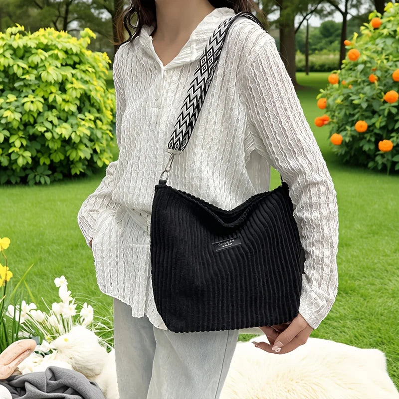 Solid Color Corduroy Shoulder Messenger Bag Versatile Handbag Women Crossbody Bags Casual Chic Bucket Women‘s Bag Bolsos Mujer