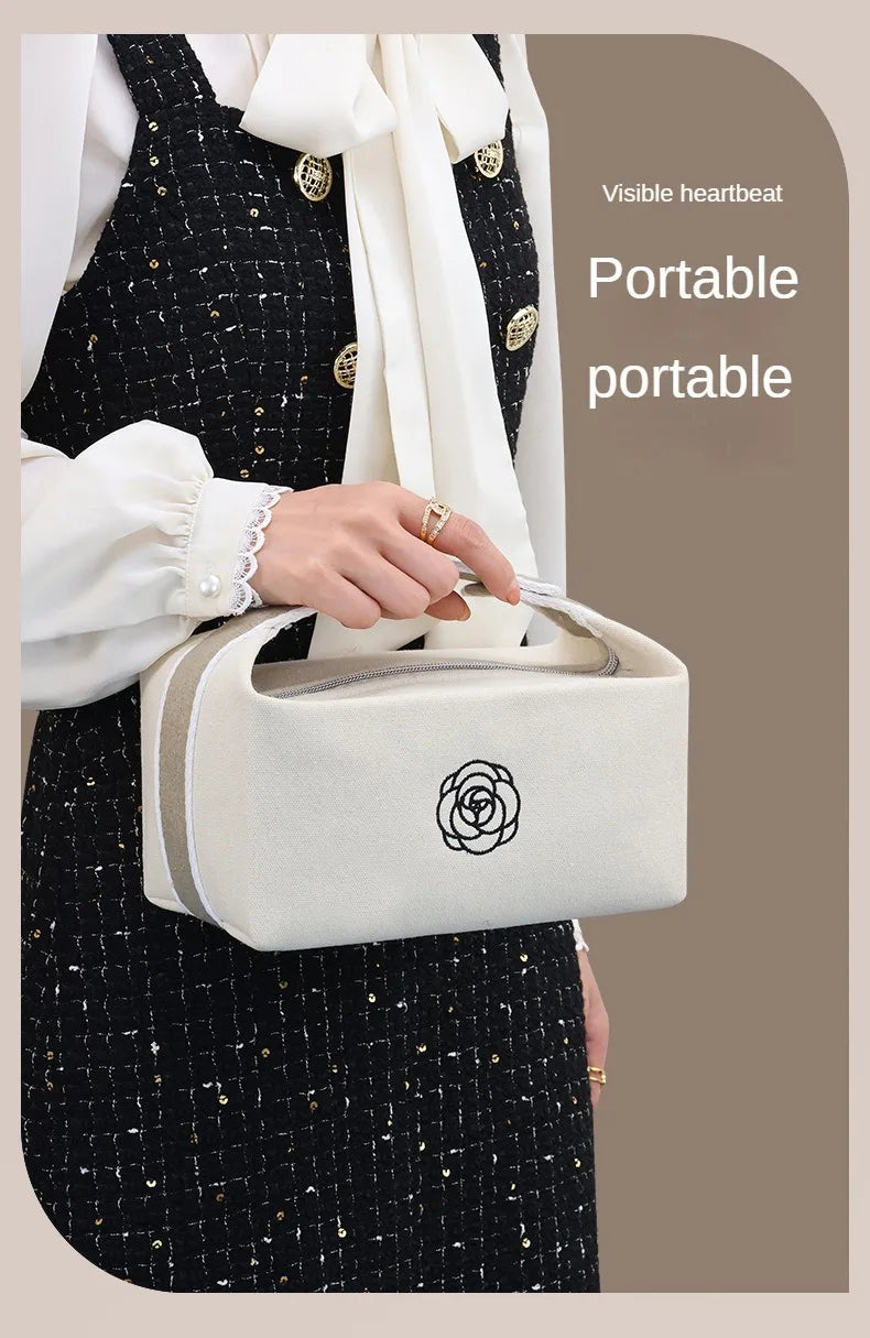 Premium Handheld Portable Camellia Canvas Makeup Bag for Travel Large Capacity Toiletries Cosmetics Skincare Storage Bag