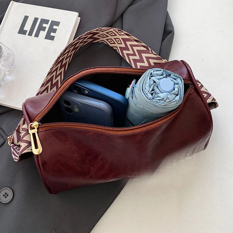 High Quality PU Leather, Wide Shoulder Strap Shoulder Bag ,Women Vintage Ladies Small Handbag ,Pillow Messenger Crossbody Bag