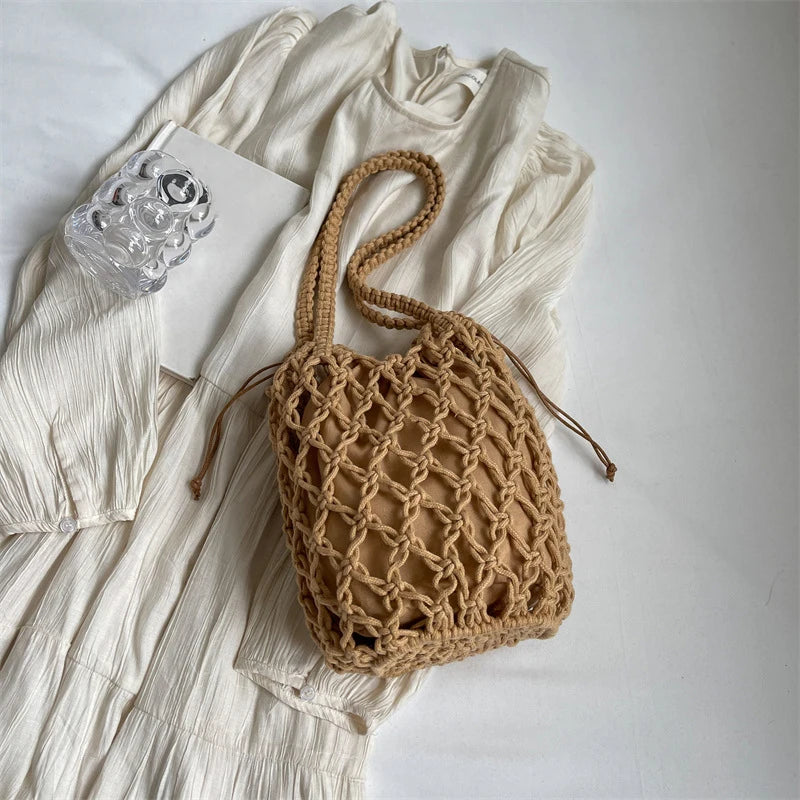 Ladies Summer Bucket Shoulder Bag Phone Purse Handmade Hollow Out Cotton Rope Crochet Bag Small Handbag For Women
