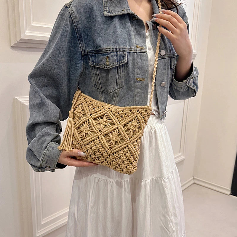 Fashion Woven Hollow Out Shoulder Bags Summer Crossbody Beach Travel Handbag Female Tassel Bag Women Messenger Bags