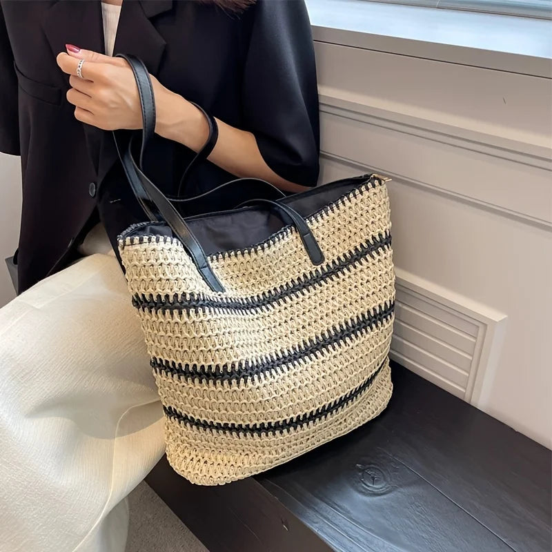 Large Boho Chic Striped Woven Tote Bag, Spacious Shoulder Beach & Shopping Bag for Women with Black and White Design, Beach Bag