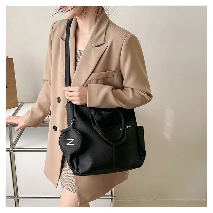 Oxford Design Double Sided Pocket Tote Bag Teen Women Large Capacity Handbag Single Shoulder Crossbody Bag with Round Coin Purse