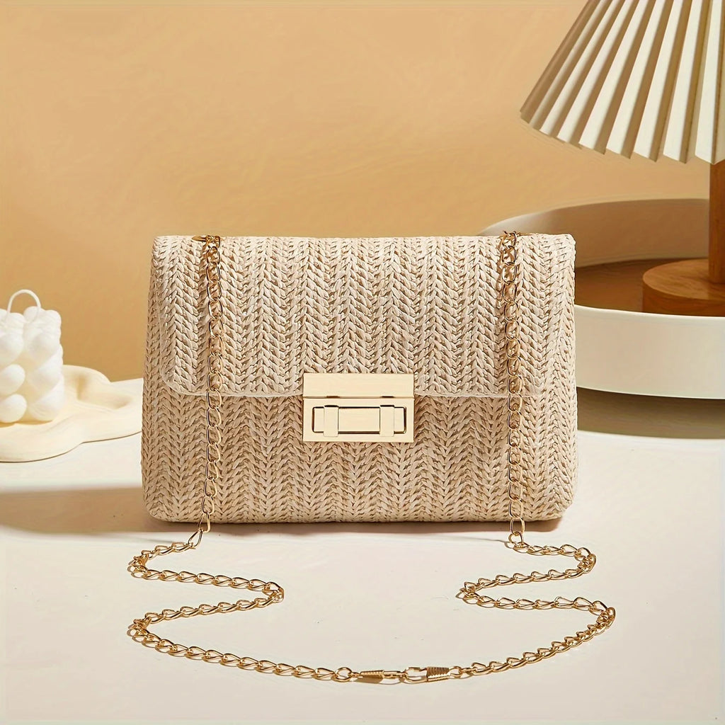 Stylish Handwoven Ladies Crossbody Bag Chain Strap Lock Buckle Adjustable Shoulder Strap, Perfect for Daily Use, Travel, Outdoor
