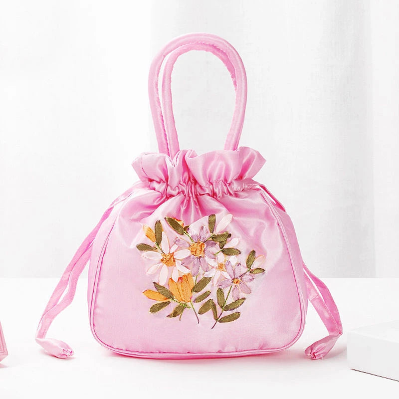 Retro Embroidery Drawstrings Handbags Storage Bags Women Purse Wallets Card Holder Bucket Shoulder Bag Wrist Bags