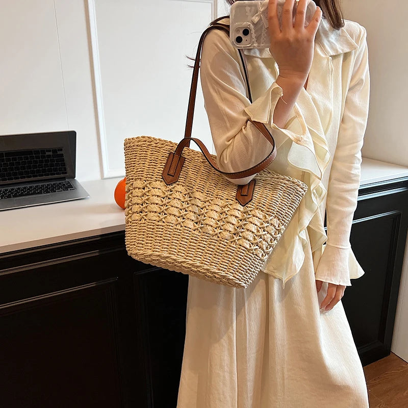 Summer Straw Bags for Women Straw Shoulder Bags Rattan Woven Top Handle Bag Hollow Raffia Crochet Beach Bag Casual Handbags