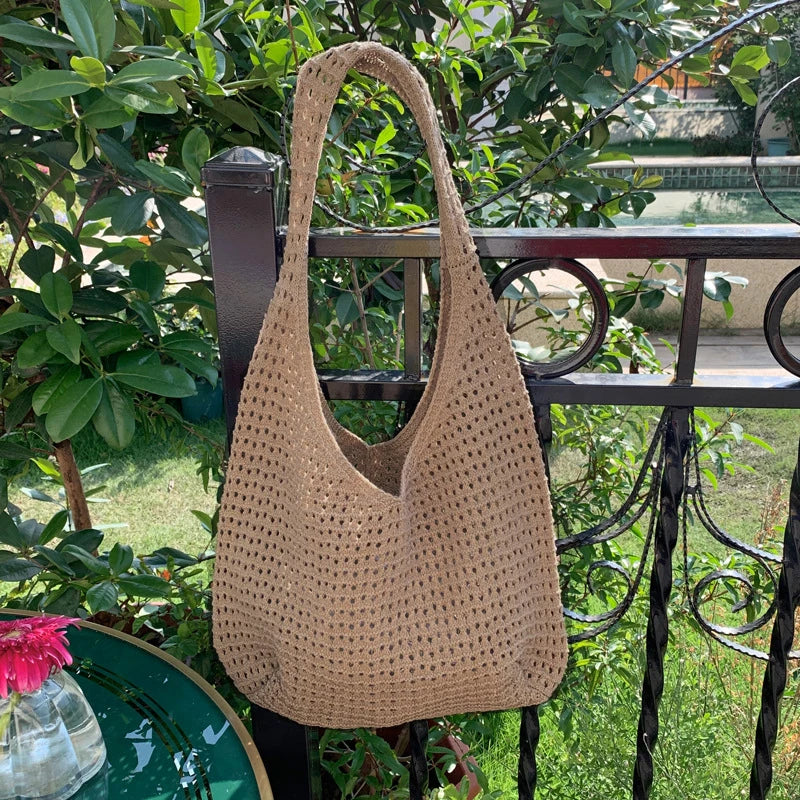 New Sweet Crochet Shoulder Bag Leisure Beach Hollow Out Handbag Women Solid Color Woven Totes Bag For Travel