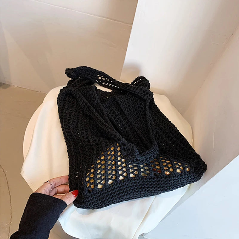 Summer Knitted Hollow Underarm Bag Women's Large Capacity Shopper Tote Bag Simple Design Casual Travel Handbags