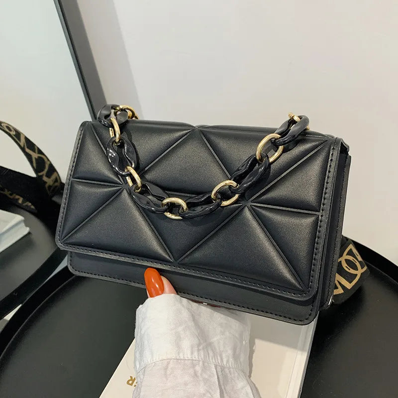 Internet Celebrity Fashion Women's Bag, New Pressed Grid Small Square Bag, Wide Shoulder Strap, Single Shoulder Crossbody Bag