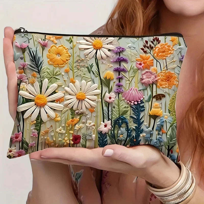 Flower Printed Canvas Cosmetic Bag, Large Capacity Wash Bag, 3D Portable Makeup Travel Bag, Double Sided Print Cotton and Linen