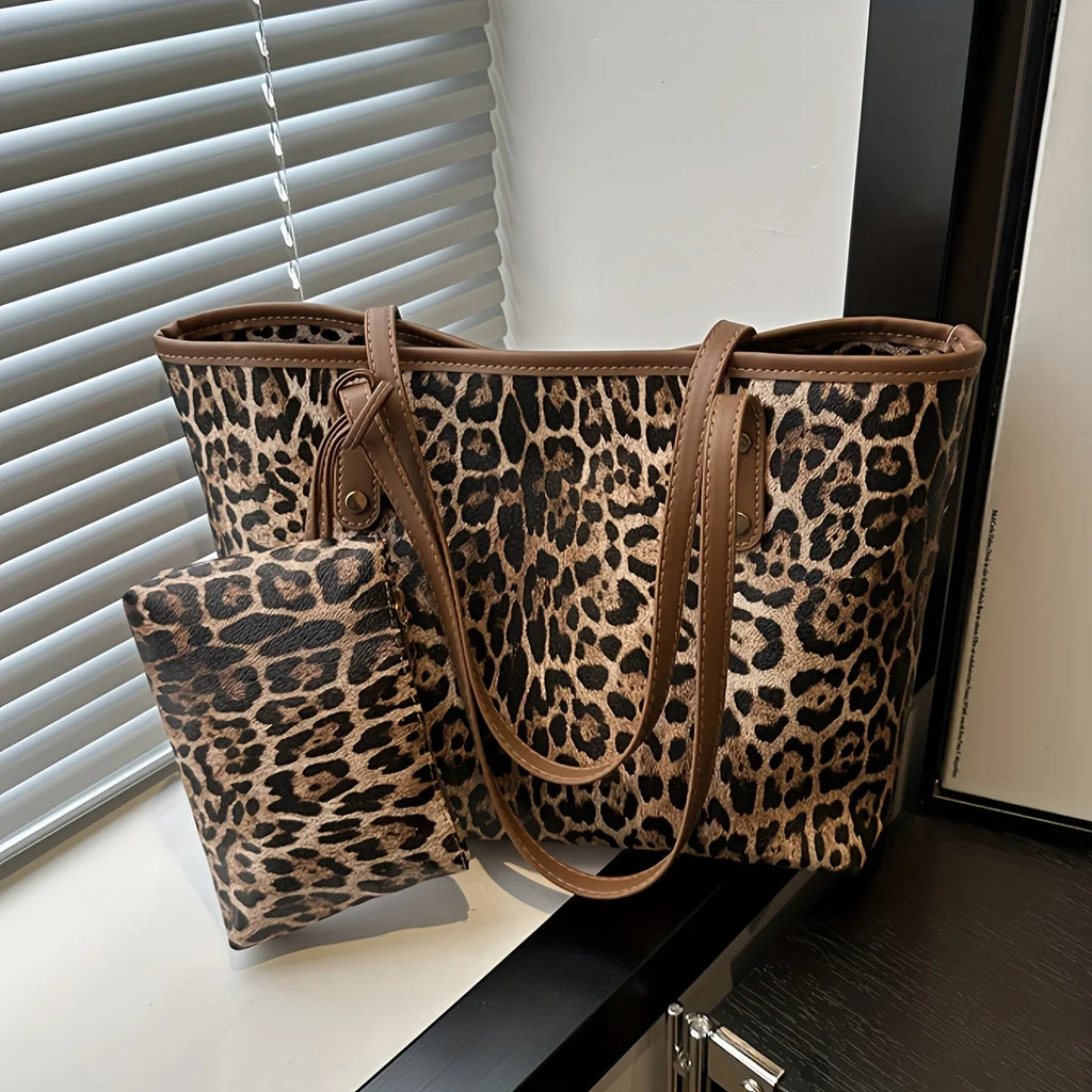 Leopard Soft Shoulder Bag, Retro Animal Print Large Capacity Handbag with Purse, Fashion Casual Style Designer Shopping Tote Bag