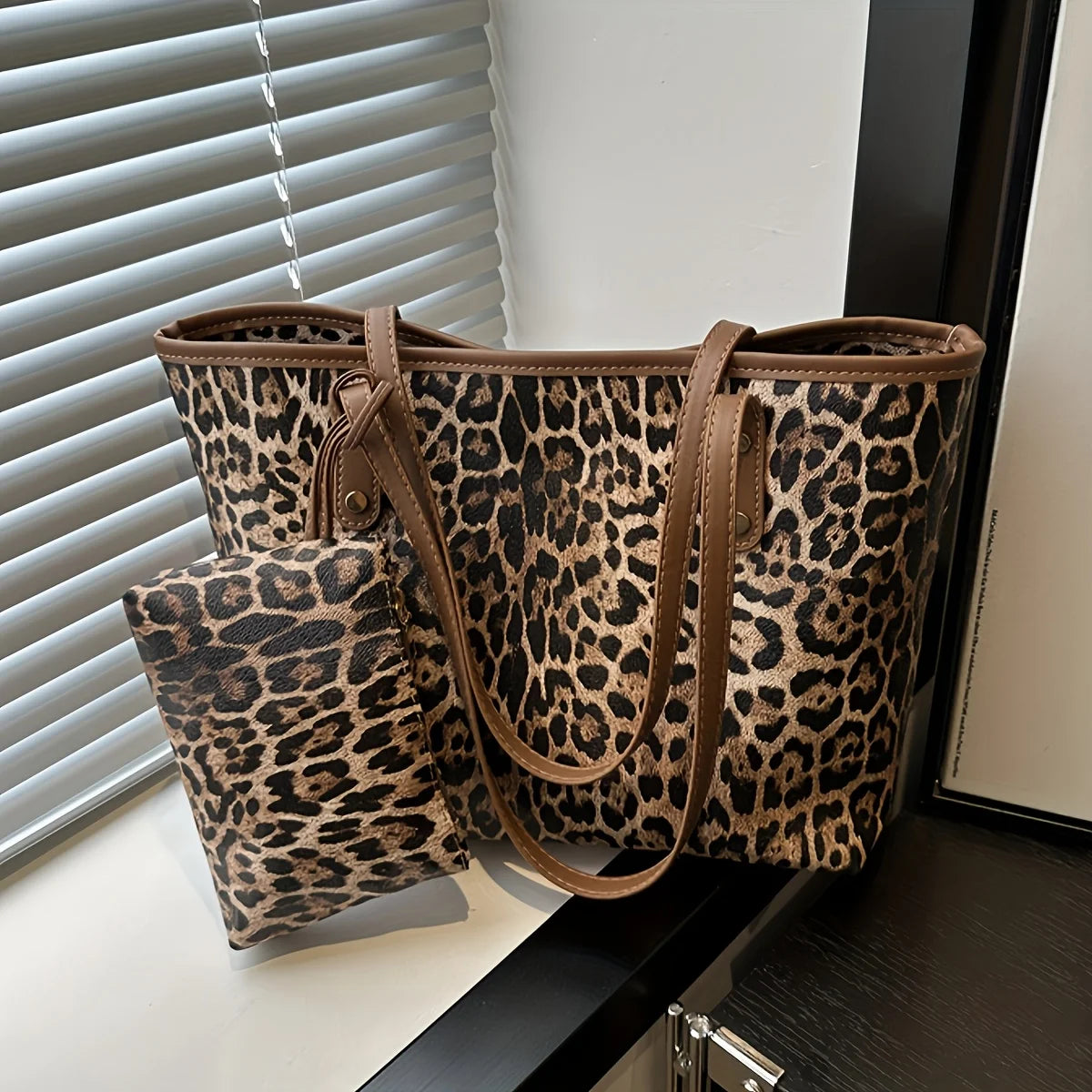Leopard Soft Shoulder Bag, Retro Animal Print Large Capacity Handbag with Purse, Fashion Casual Style Designer Shopping Tote Bag