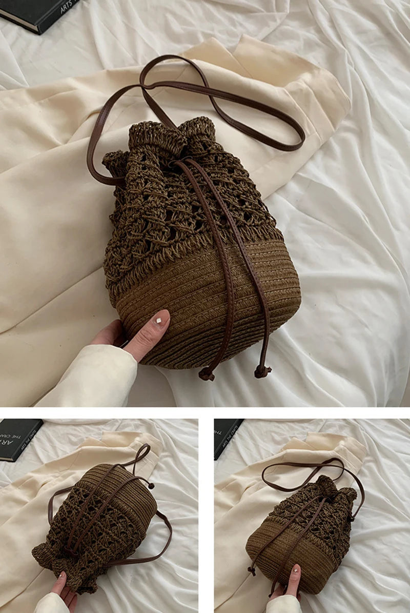 Handmade Women's Summer Straw Beach Shoulder Bag Woven Hollow Drawstring Shoulder Bags Knitted Fashion Female Design Travel Tote