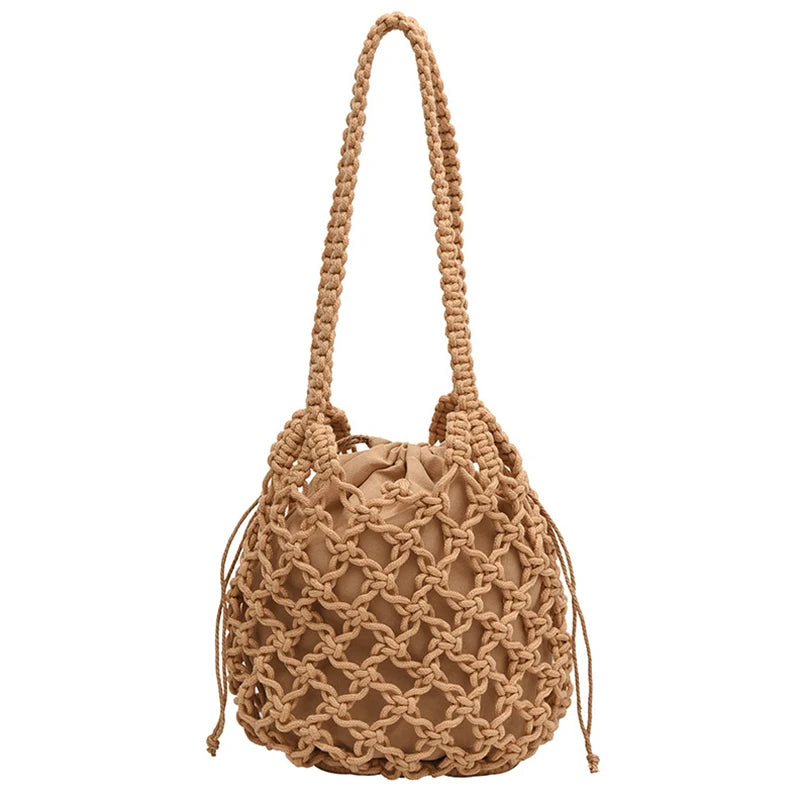 Ladies Summer Bucket Shoulder Bag Phone Purse Handmade Hollow Out Cotton Rope Crochet Bag Small Handbag For Women