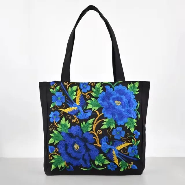 Ethnic Style Embroidery Shoulder Bag Large Capacity Literary Canvas Bag Retro Peony Tote Shopping Bag