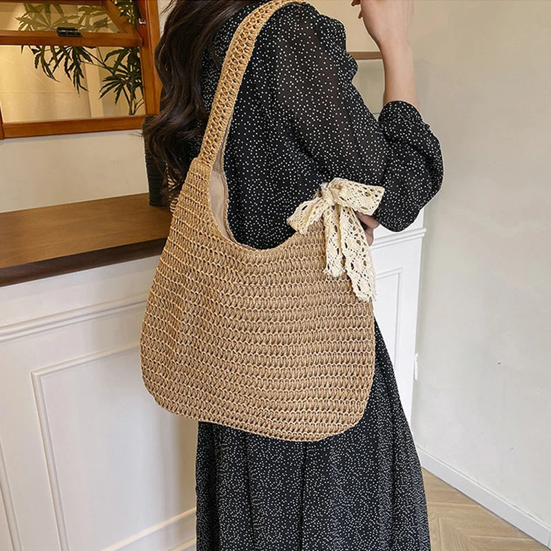 Fashion Straw Women Shoulder Bags Paper Woven Female Handbags Large Capacity Summer Beach Straw Bags Casual Tote Purses