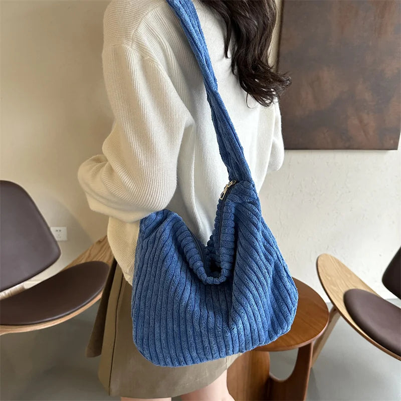 Winter Tote Bag for Women Large Capacity Handbags Casual Shoulder Bags Trend Female Corduroy Shopper Crossbody Bag