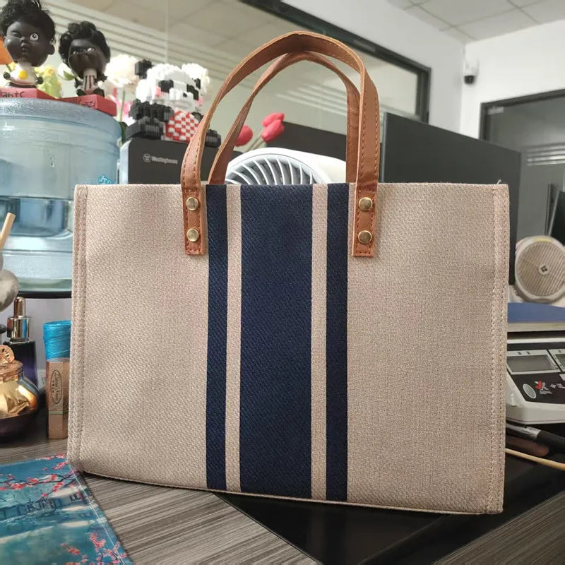 Stylish Women'S Canvas Tote Bag, Black Blue Striped Design Handbag Shoulder Bag for Work, School, Shopping, Beach Outings & Gym