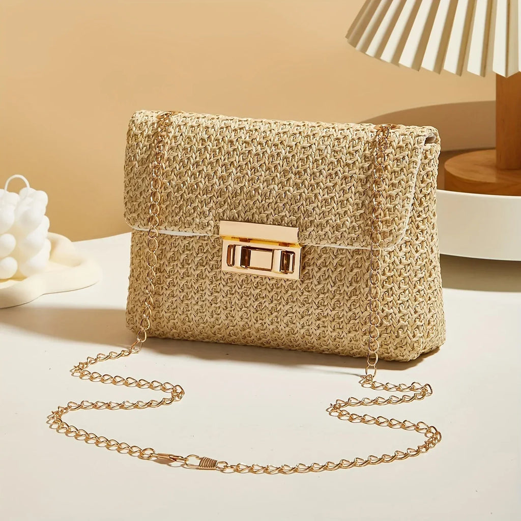 Stylish Handwoven Ladies Crossbody Bag Chain Strap Lock Buckle Adjustable Shoulder Strap, Perfect for Daily Use, Travel, Outdoor