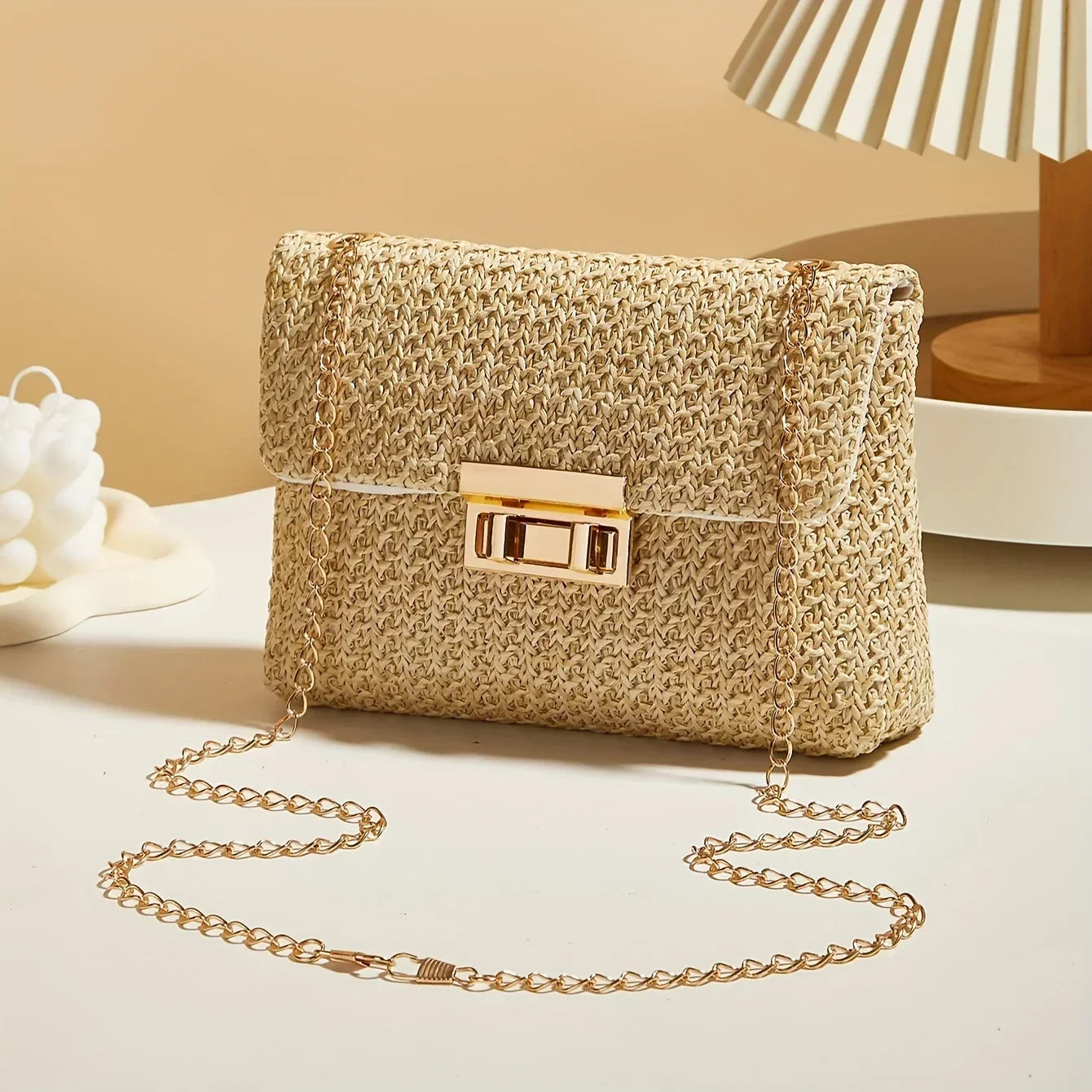 Stylish Handwoven Ladies Crossbody Bag Chain Strap Lock Buckle Adjustable Shoulder Strap, Perfect for Daily Use, Travel, Outdoor