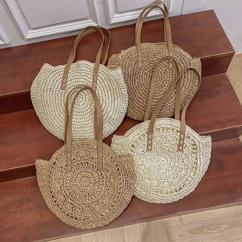 Summer Round Straw Bags for Women Rattan Shoulder Bag Travel Handmade Woven Beach Handbags Female Large Capacity Totes Bag