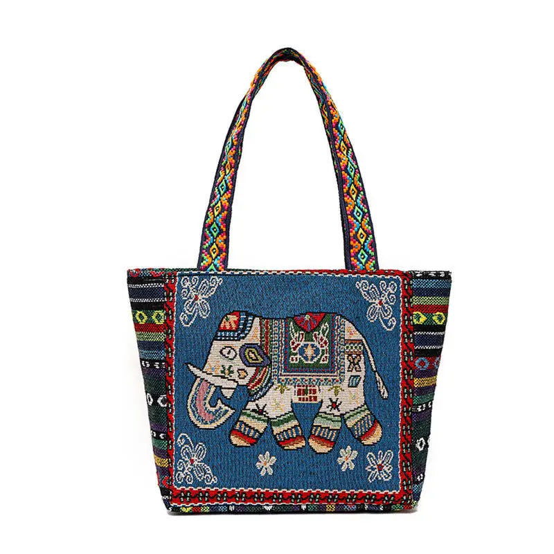 New Ethnic Style Shoulder Bag Office Handbag Student Canvas Embroidery Elephant  Casual Travel Storage Tote Bag For Women