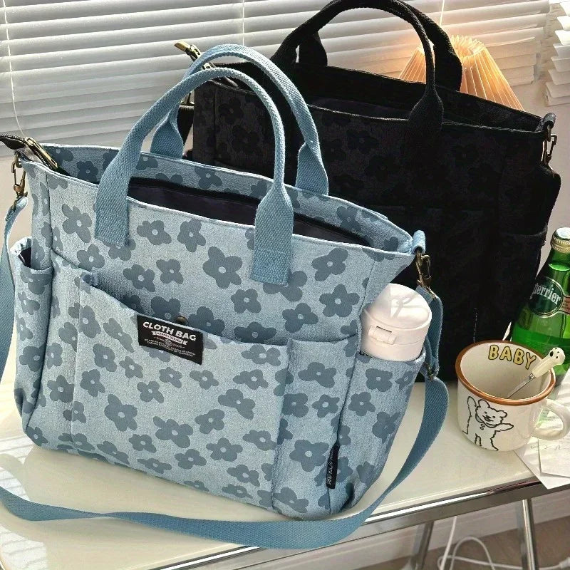 3D Floral Design Tote Bag, Thickened Zipper, Multifunctional Canvas Bag, Student Computer Handbag Shoulder Crossbody School Bag,
