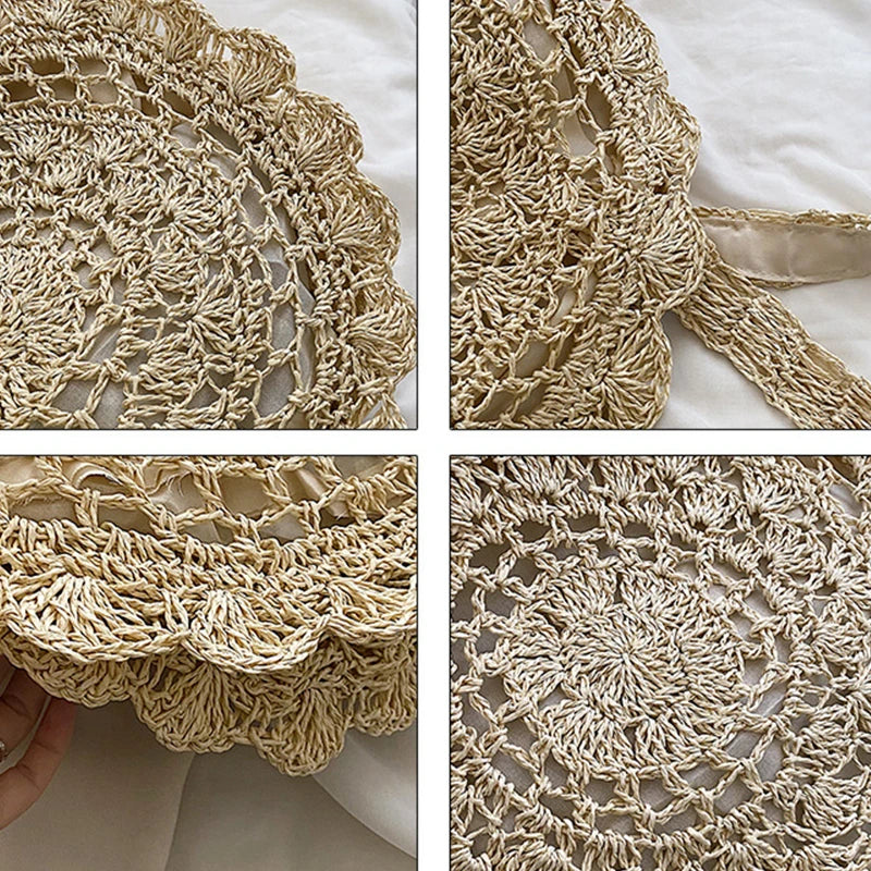 Summer Round Straw Bag Women Woven Rattan Beach Bag Hot New Shoulder Bag Circle Hollow Out Handle Bag Casual Shopper Tote Pouch
