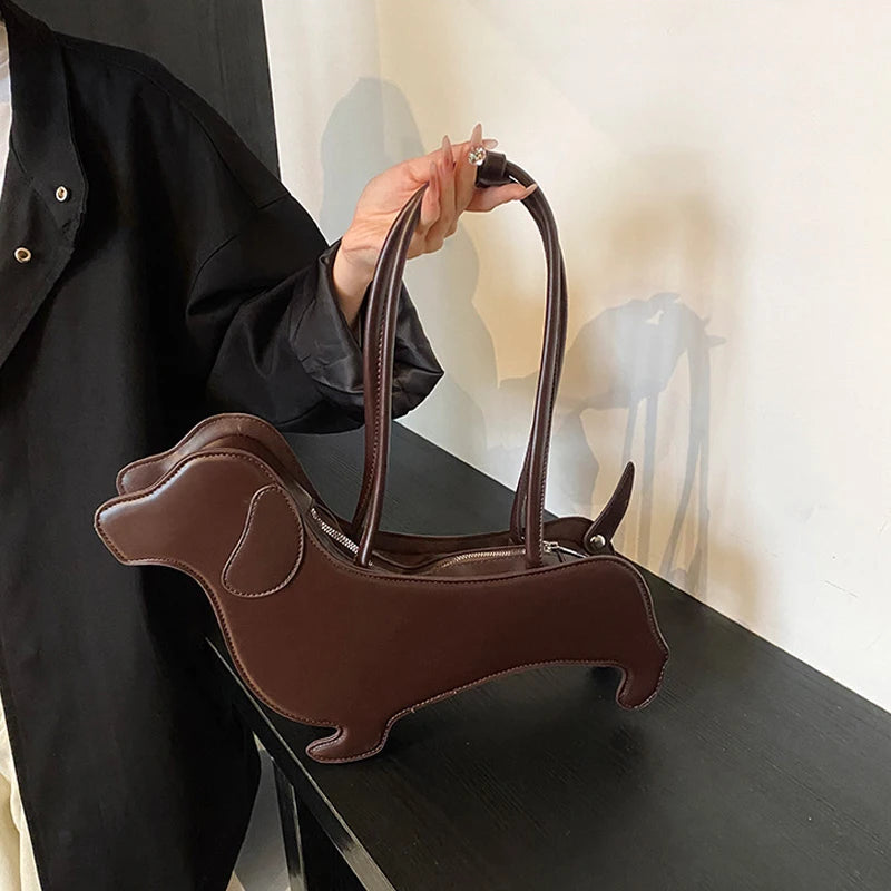 Three-dimensional Dachshund Shoulder Bag PU Leather Retro Handbag Design Underarm Bag For Women Trend Commut Bag