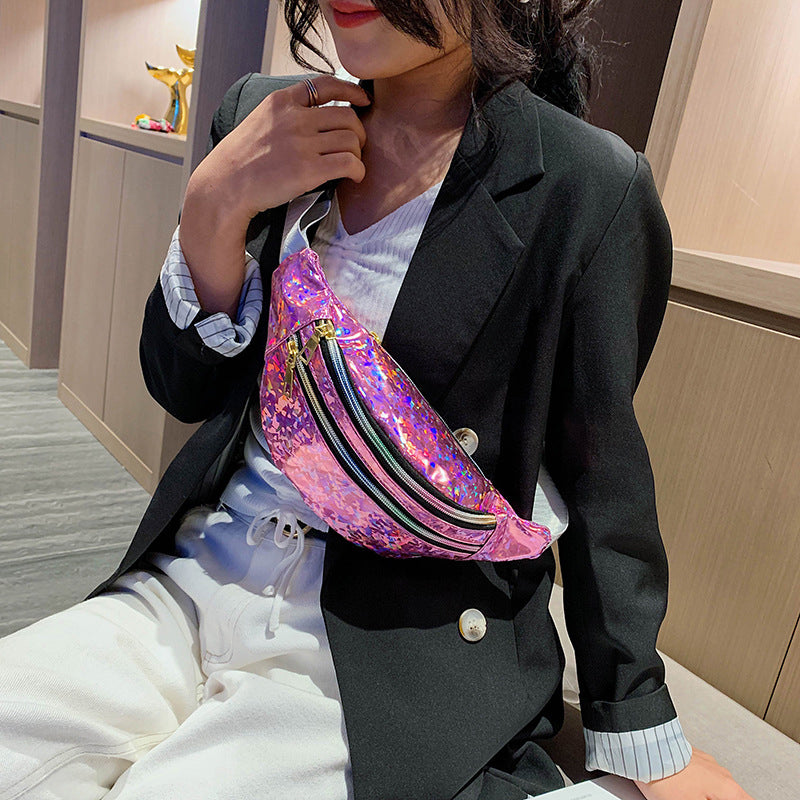 Holographic Fanny Pack Hologram Waist Bag Laser PU Leather Travel Banana Hip Bum Zip Waist Bags Women Shoulder Bag for Girls