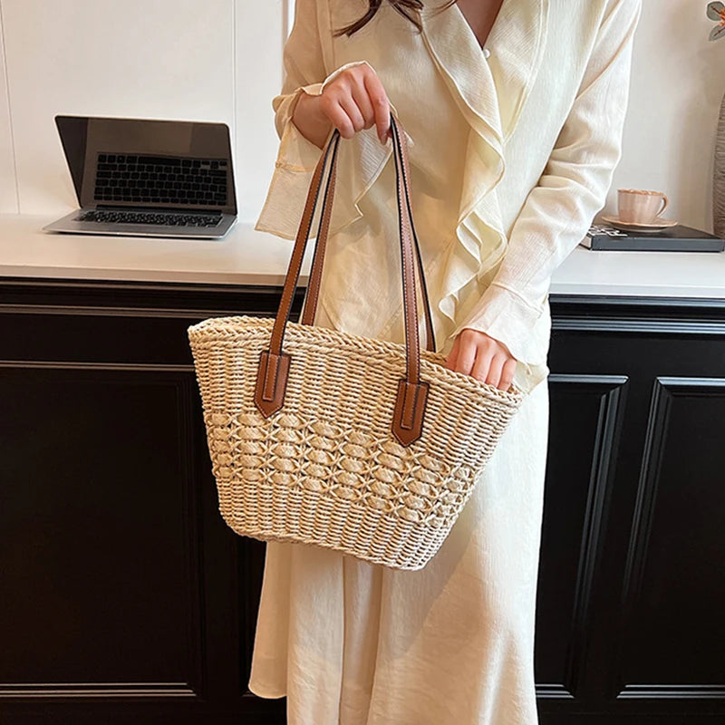 Summer Straw Bags for Women Straw Shoulder Bags Rattan Woven Top Handle Bag Hollow Raffia Crochet Beach Bag Casual Handbags