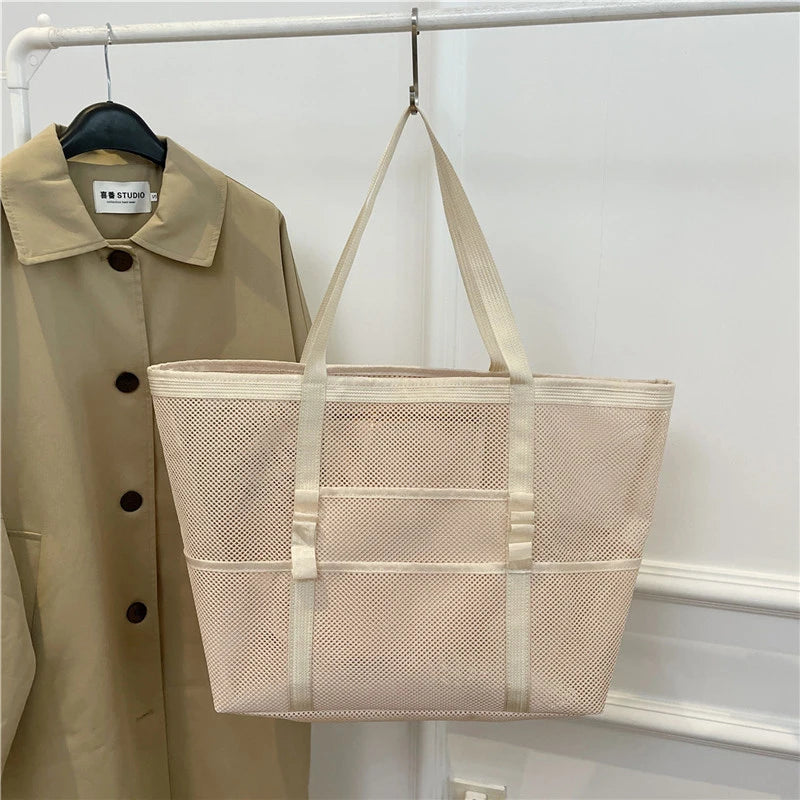 Portable Mesh Beach Bag For Women Makeup Travel Storage Wash Bag Summer Travel Swimming Bath Bag Organizer Shopper Totes