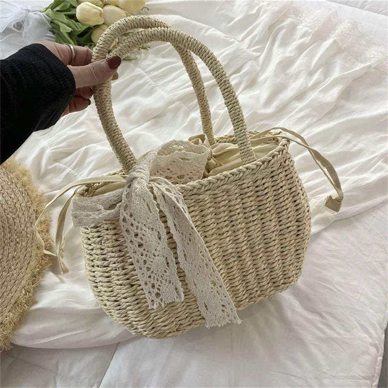 Women Straw Woven Drawstring Handbag Girls Solid Color Holiday Purse Crossbody Beach Bags Summer Rattan Tote