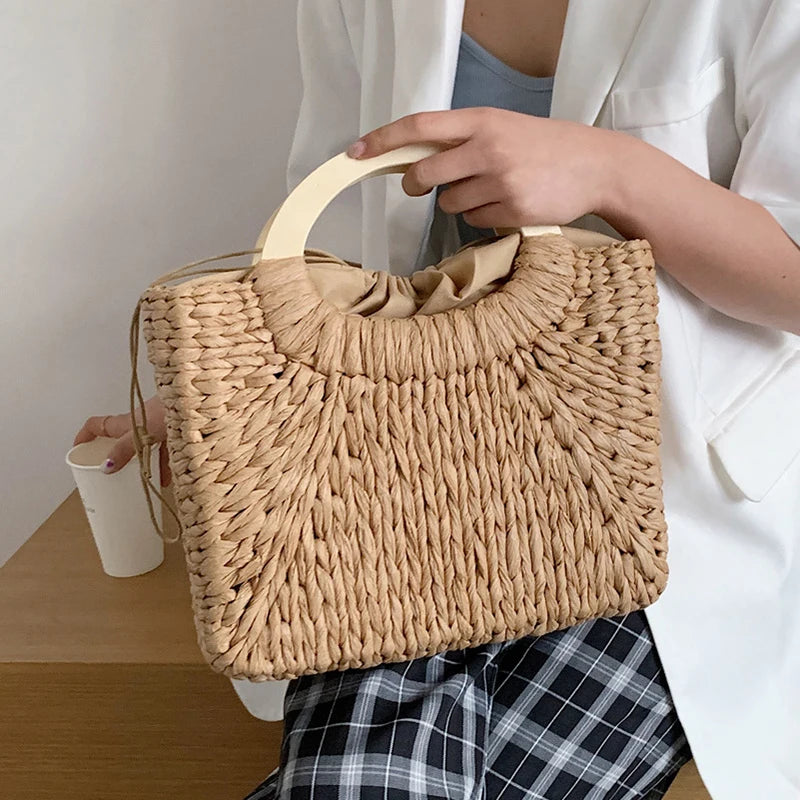 Fashion Lady Straw Woven Basket Handbag Summer Women's Shoulder Bag Bohemia Travel Beach Han made Beach Bucket Shopper Tote