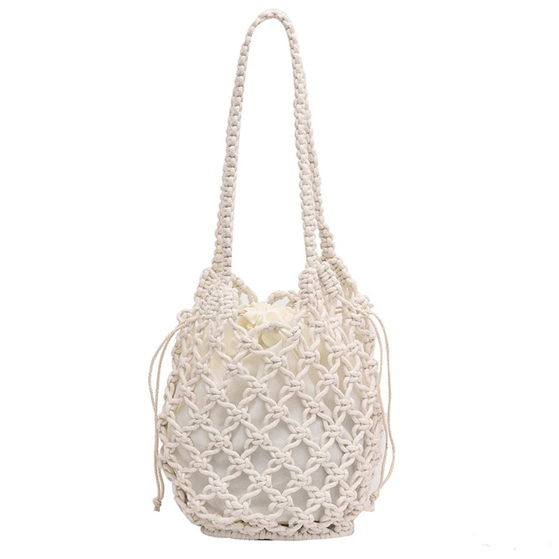 Ladies Summer Bucket Shoulder Bag Phone Purse Handmade Hollow Out Cotton Rope Crochet Bag Small Handbag For Women