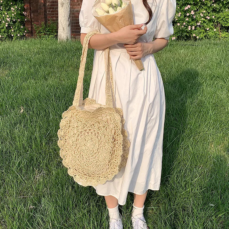 Summer Round Straw Bag Women Woven Rattan Beach Bag Hot New Shoulder Bag Circle Hollow Out Handle Bag Casual Shopper Tote Pouch