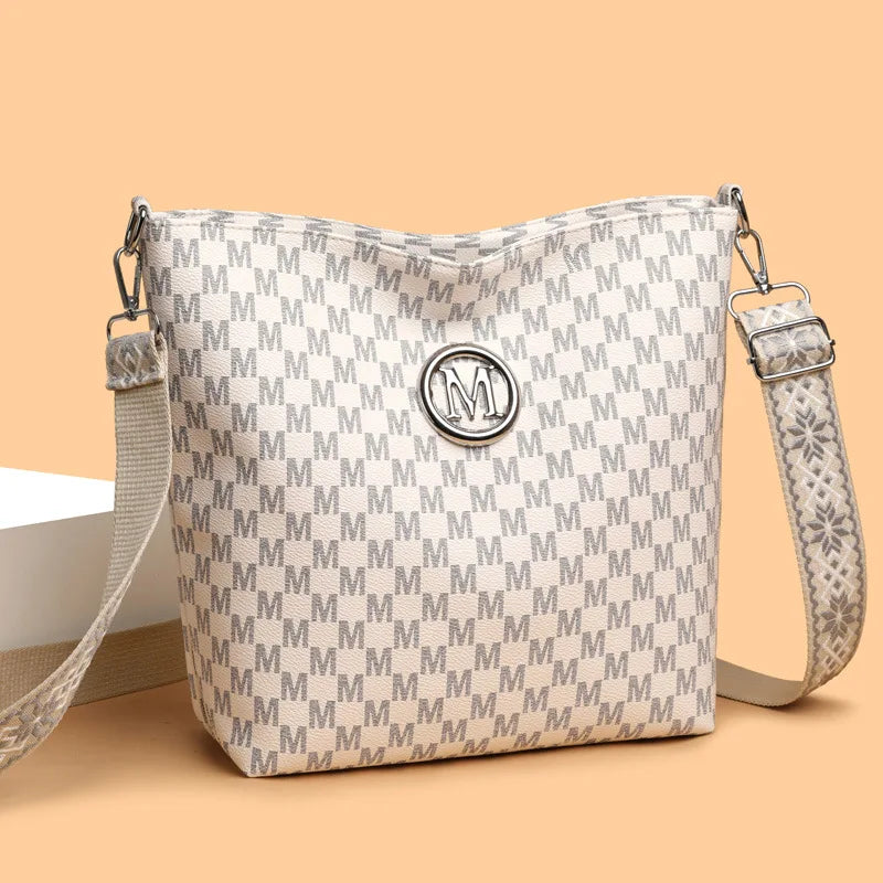 Vintage Women's Crossbody Bag, Faux Leather Shoulder Bag with Golden Hardware, Pattern "M" Design, Removable Strap for Daily Use