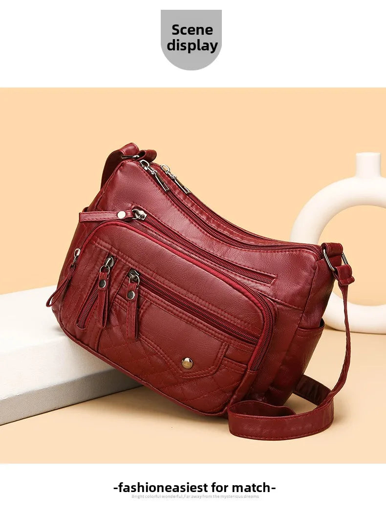 Fashionable Four Seasons Soft Leather Multi Pocket Cross Bags, Multi Layer Zipper Pouch Single Shoulder Bag for Women Daily Use